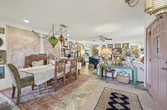dining space featuring crown molding, recessed lighting, ceiling fan, and visible vents