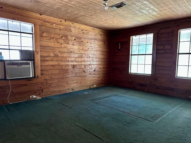 carpeted empty room featuring wood walls and wooden ceiling