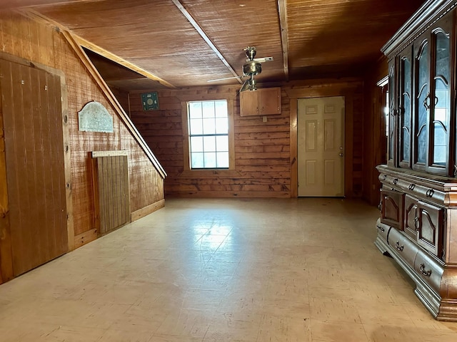 interior space featuring wooden walls and wooden ceiling