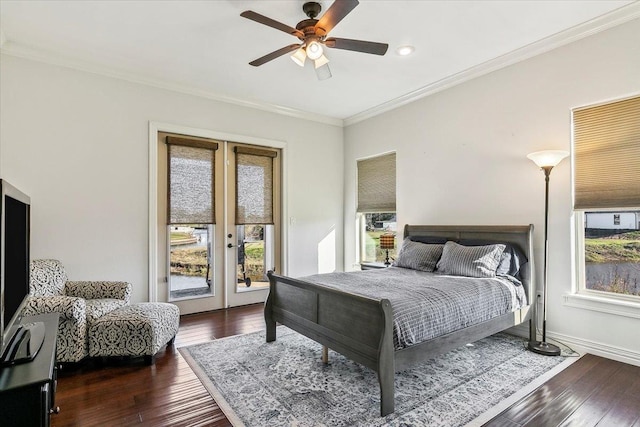 bedroom featuring access to outside, french doors, crown molding, ceiling fan, and dark hardwood / wood-style floors