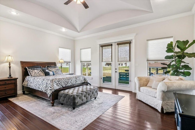 bedroom featuring ceiling fan, french doors, dark hardwood / wood-style flooring, lofted ceiling, and access to outside