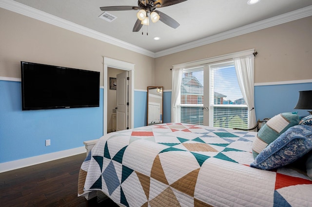 bedroom with recessed lighting, visible vents, ornamental molding, wood finished floors, and baseboards