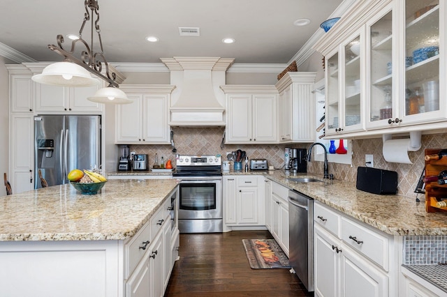 kitchen with appliances with stainless steel finishes, premium range hood, a sink, and ornamental molding