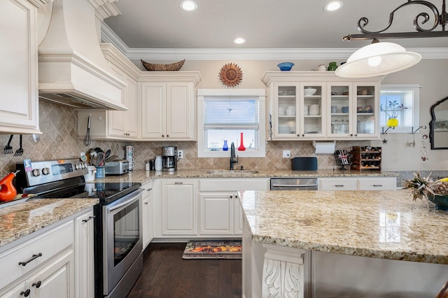 kitchen with stainless steel appliances, crown molding, a sink, and custom exhaust hood