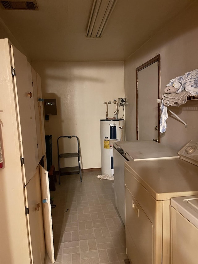 clothes washing area featuring electric water heater and washer and clothes dryer