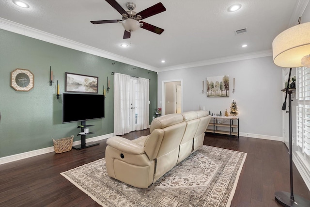 390 N Major Dr, Beaumont, TX 77706 - living area featuring baseboards, ceiling fan, dark wood finished floors, crown molding, and recessed lighting