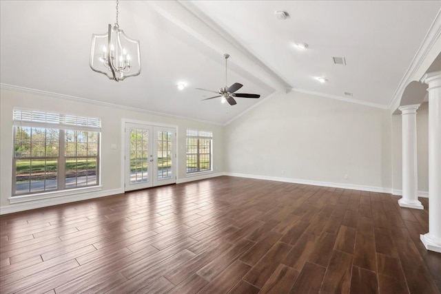 unfurnished living room with lofted ceiling with beams, decorative columns, dark wood-type flooring, and visible vents