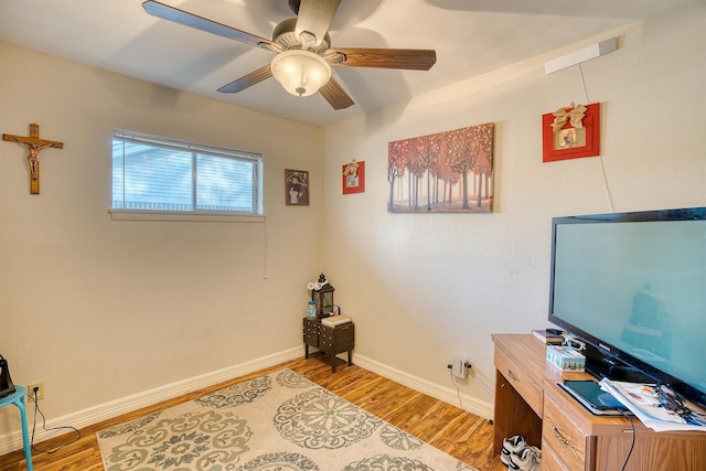 office with light hardwood / wood-style flooring and ceiling fan