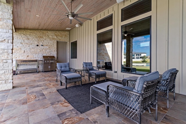 view of patio / terrace featuring an outdoor hangout area, area for grilling, and ceiling fan