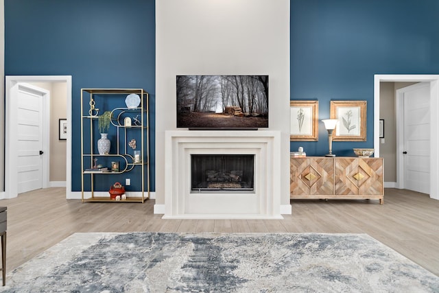 living room featuring hardwood / wood-style floors and a high ceiling