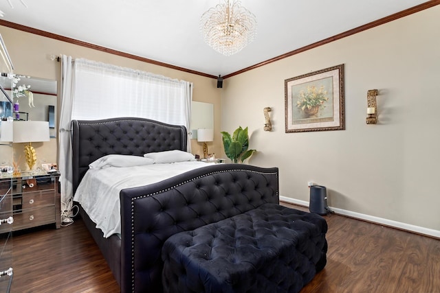 bedroom featuring dark hardwood / wood-style flooring, a chandelier, and ornamental molding