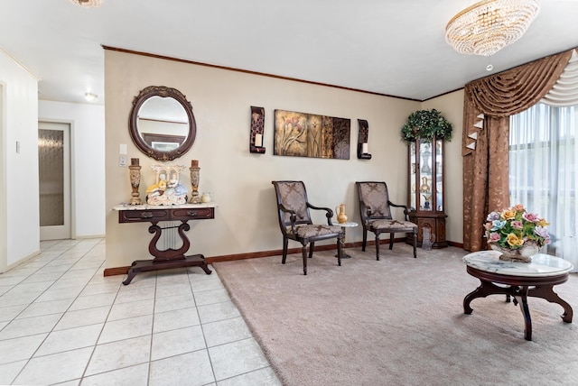 living area with light tile patterned floors, ornamental molding, and a notable chandelier