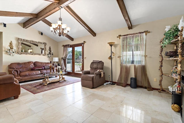 living room with vaulted ceiling with beams and an inviting chandelier