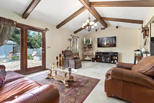 living room featuring french doors, lofted ceiling with beams, an inviting chandelier, and light tile patterned floors