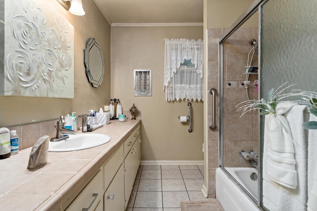 bathroom with shower / bath combination with glass door, vanity, tile patterned floors, and crown molding