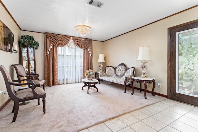 sitting room featuring crown molding, light carpet, and an inviting chandelier