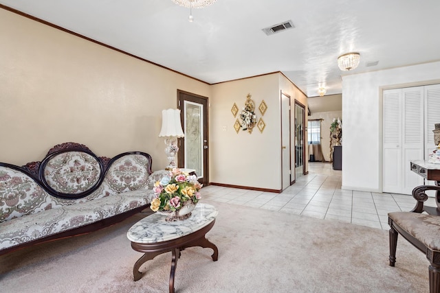 tiled living room featuring crown molding