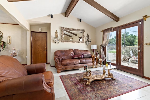 living room with lofted ceiling with beams and light tile patterned flooring