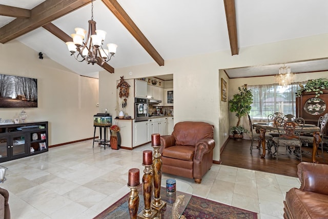 living room featuring a chandelier, light tile patterned floors, and lofted ceiling with beams