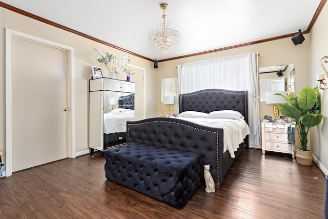 bedroom with crown molding, dark hardwood / wood-style floors, and an inviting chandelier