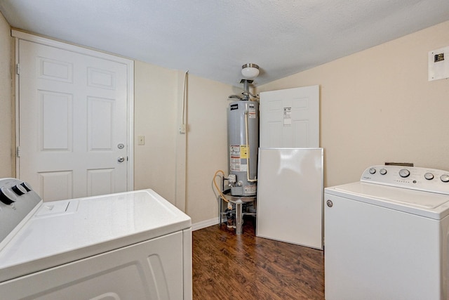 clothes washing area with a textured ceiling, dark hardwood / wood-style floors, gas water heater, and independent washer and dryer