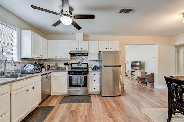 kitchen with sink, stainless steel appliances, backsplash, light hardwood / wood-style floors, and white cabinets