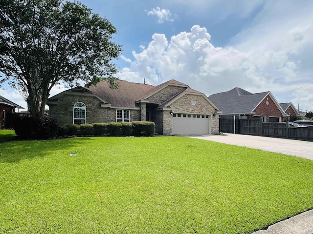 2411 Post Oak Ln, Groves, TX 77619 - view of front of property with a garage, driveway, stone siding, and brick siding