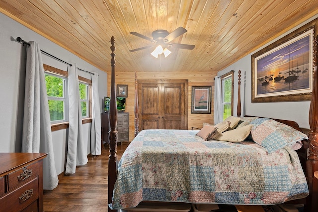 bedroom with wooden walls, a ceiling fan, wooden ceiling, dark wood-type flooring, and crown molding