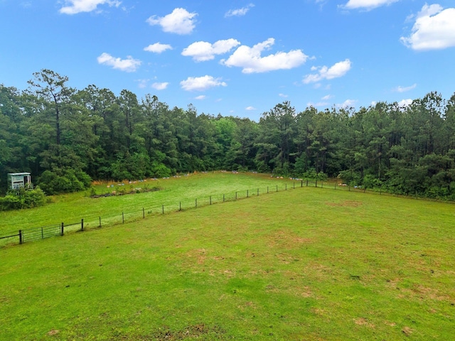 view of yard featuring a rural view, a view of trees, and fence