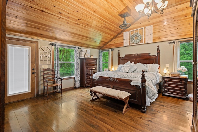bedroom featuring multiple windows, lofted ceiling, wooden ceiling, and a notable chandelier