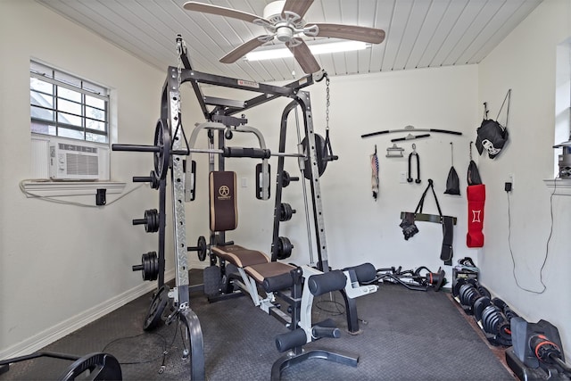 exercise room featuring ceiling fan and cooling unit