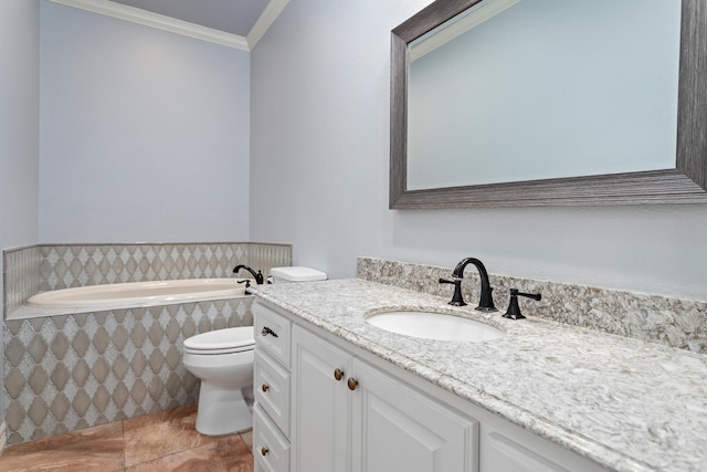 bathroom with a tub, tile patterned floors, toilet, vanity, and ornamental molding