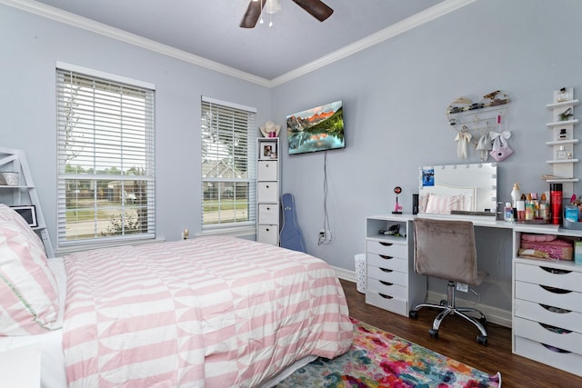 bedroom with ceiling fan, dark hardwood / wood-style floors, and crown molding