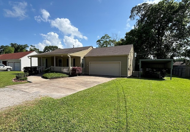 ranch-style house featuring an attached garage, fence, a front yard, concrete driveway, and a porch