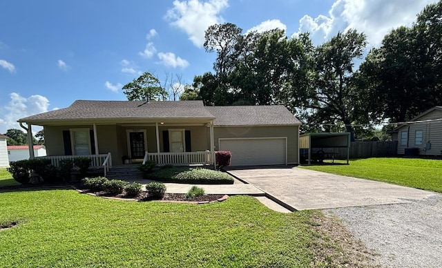 single story home featuring an attached garage, a front lawn, cooling unit, covered porch, and driveway