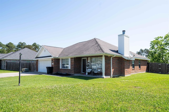 ranch-style house featuring a garage, brick siding, fence, and concrete driveway