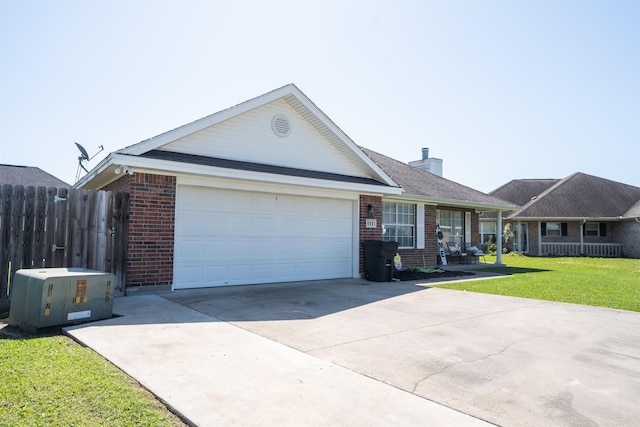 ranch-style house with brick siding, a front yard, a garage, and driveway