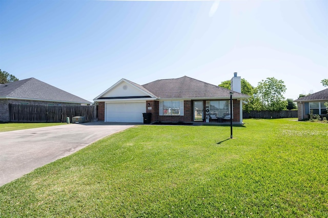 ranch-style home with concrete driveway, a chimney, an attached garage, brick siding, and fence