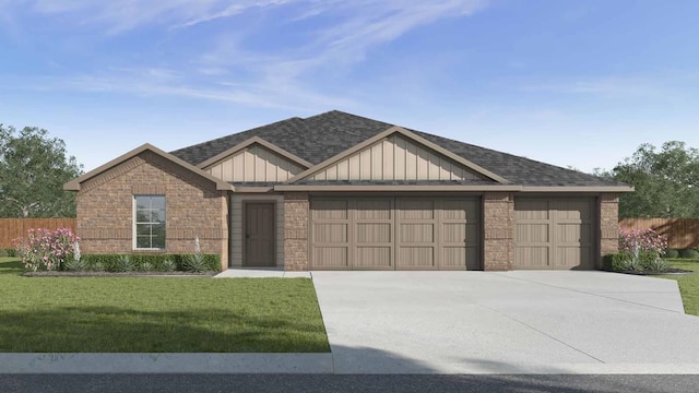 1705 Holly Trl, Sour Lake, TX 77659 - view of front of property featuring fence, a front lawn, a garage, board and batten siding, and brick siding