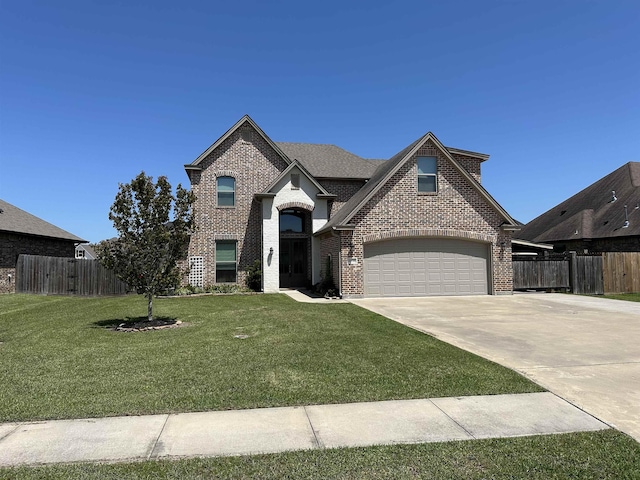 french provincial home with fence, a front lawn, brick siding, and concrete driveway