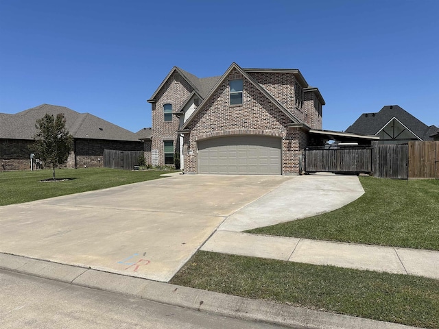 french country inspired facade featuring concrete driveway, brick siding, fence, and a front yard