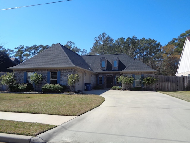 view of front of home with fence, concrete driveway, a front yard, a garage, and brick siding