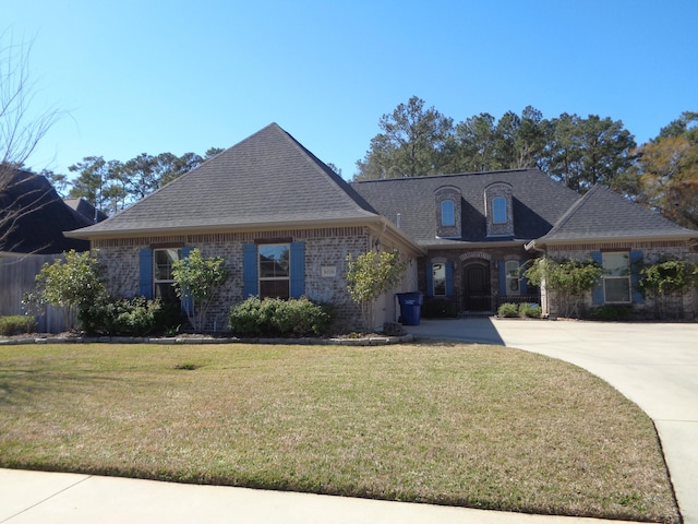 view of front of house featuring brick siding, roof with shingles, concrete driveway, and a front yard