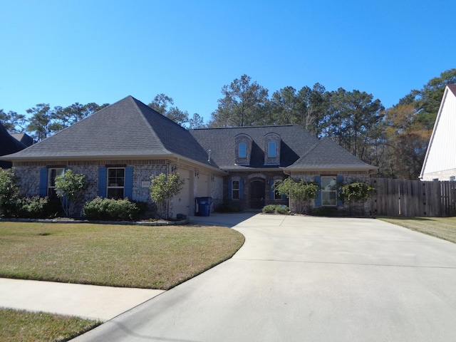 view of front of property with driveway, fence, a front yard, an attached garage, and brick siding