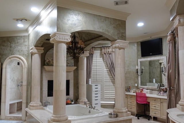 7840 Halliday St, Beaumont, TX 77706 - bathroom featuring crown molding, a bath, vanity, ornate columns, and recessed lighting