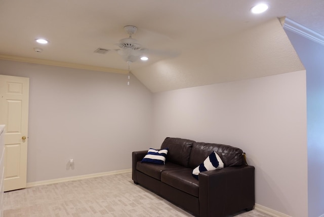 7840 Halliday St, Beaumont, TX 77706 - sitting room featuring a ceiling fan, vaulted ceiling, recessed lighting, baseboards, and light colored carpet