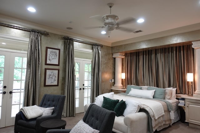 7840 Halliday St, Beaumont, TX 77706 - bedroom with french doors, access to exterior, crown molding, multiple windows, and recessed lighting