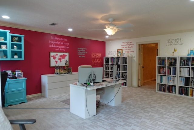 7840 Halliday St, Beaumont, TX 77706 - home office featuring a ceiling fan, ornamental molding, carpet, and recessed lighting