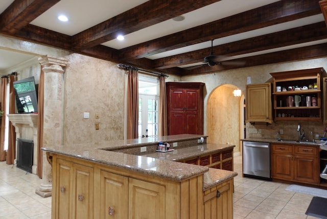 7840 Halliday St, Beaumont, TX 77706 - kitchen with dishwasher, a sink, light tile patterned floors, beamed ceiling, and stone countertops