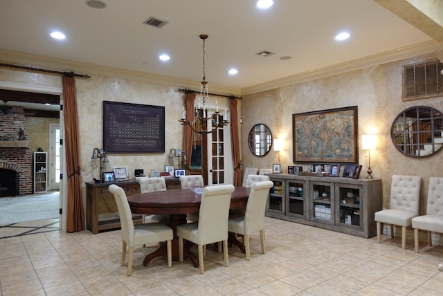7840 Halliday St, Beaumont, TX 77706 - tiled dining room with crown molding, a fireplace, a chandelier, and recessed lighting